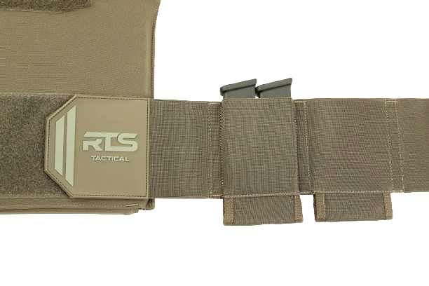 A tactical belt in tan fabric with the "RTS Tactical" logo on a Velcro panel, featuring two slots holding black magazine clips.