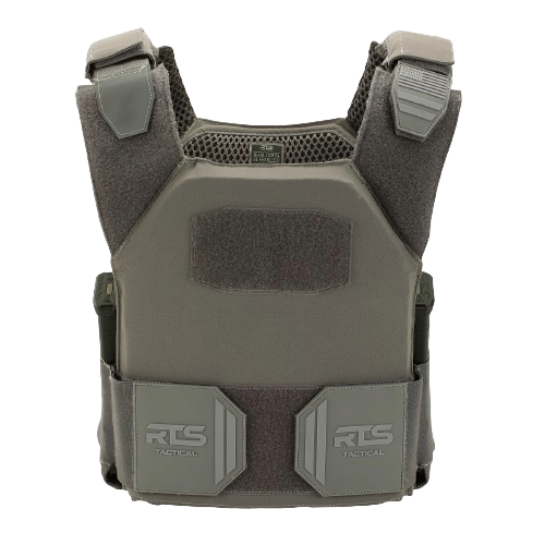 Gray tactical body armor vest with padded shoulder straps and RTS Tactical branding. The design appears sturdy and functional, suggesting durability.