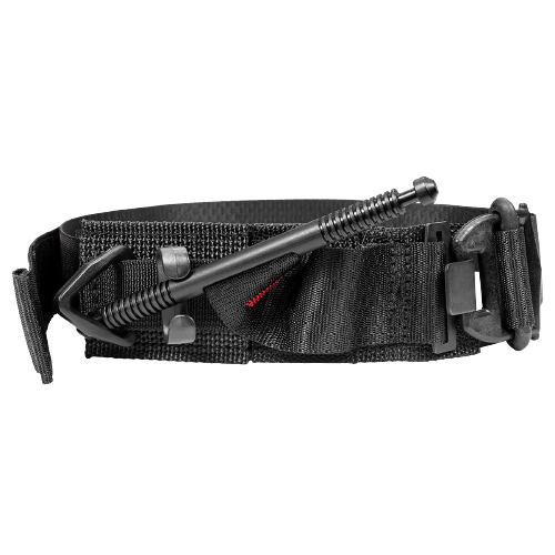 Black tactical tourniquet with a sturdy buckle, adjustable strap, and windlass rod. Designed for emergency bleeding control, displaying rugged utility.