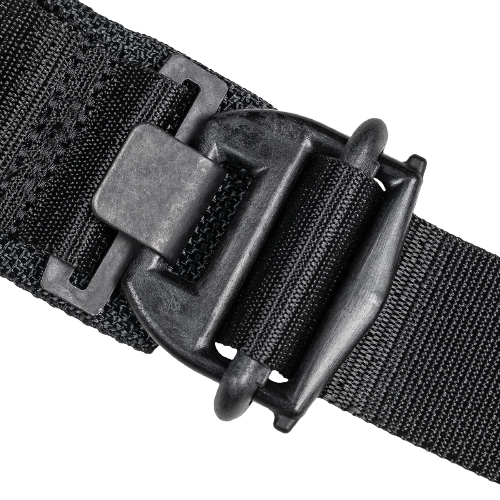 Black tactical belt buckle, close-up view. Features a sturdy metal clasp with a coarse woven strap. Conveys durability and functionality.