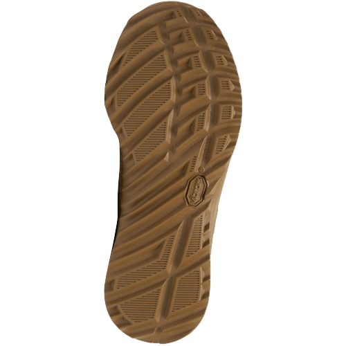 Brown shoe sole with a crosshatched tread pattern for grip, diagonal grooves, and a central logo, showing off durability and traction.