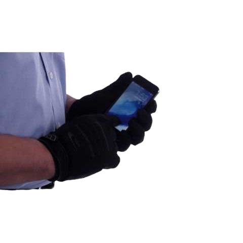 A person wearing black gloves uses a smartphone. The phone's screen displays a light blue app.