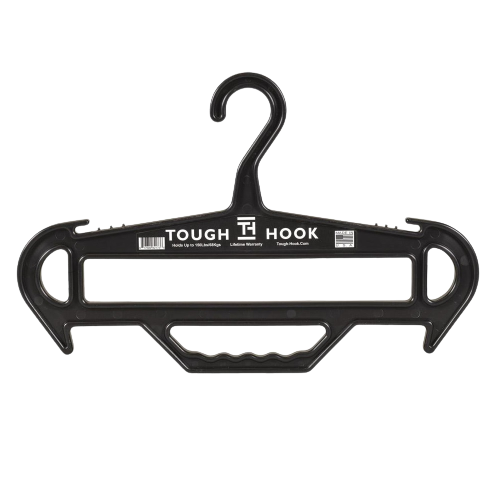 A black Tough Hook hanger with a robust, heavy-duty design, featuring a reinforced hook and wide ends, built for durability and strength.