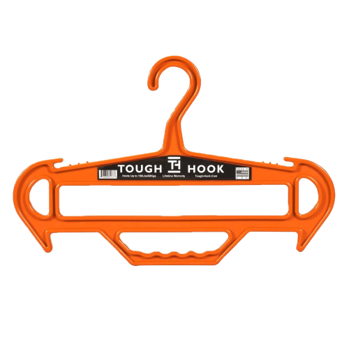 An orange Tough Hook hanger with a sturdy design, featuring a reinforced hook and wide ends, intended for heavy-duty use, with a sleek, industrial feel.