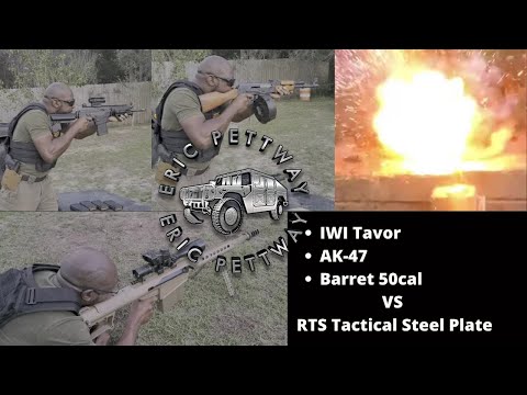 Man at a shooting range fires IWI Tavor, AK-47, Barrett 50 cal; explosion on impact with RTS Tactical Steel Plate.