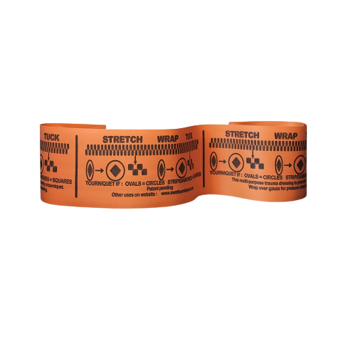 Bright orange medical tourniquet, instructions in black text showing steps: stretch, wrap, tuck.