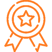 An orange ribbon badge icon with a star in the center of the ribbon.
