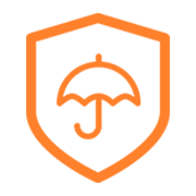 An orange shield and umbrella icon showing a product is weather-proof.