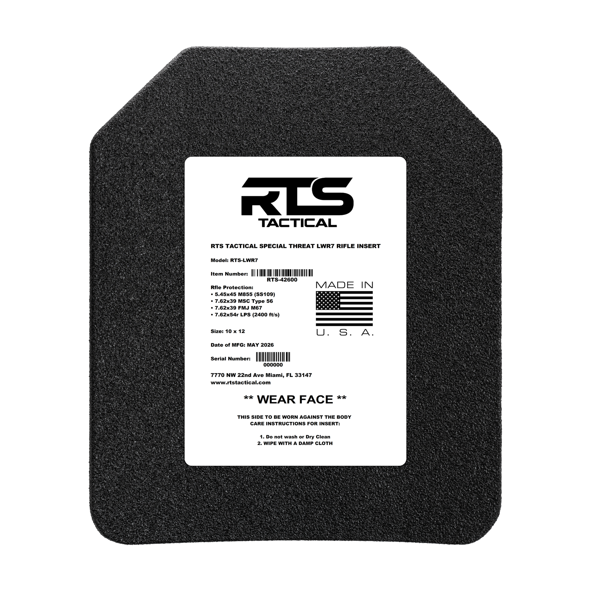 A black tactical rifle insert with a white label displaying specifications and care instructions.