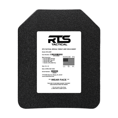 A black tactical rifle insert with a white label displaying specifications and care instructions.