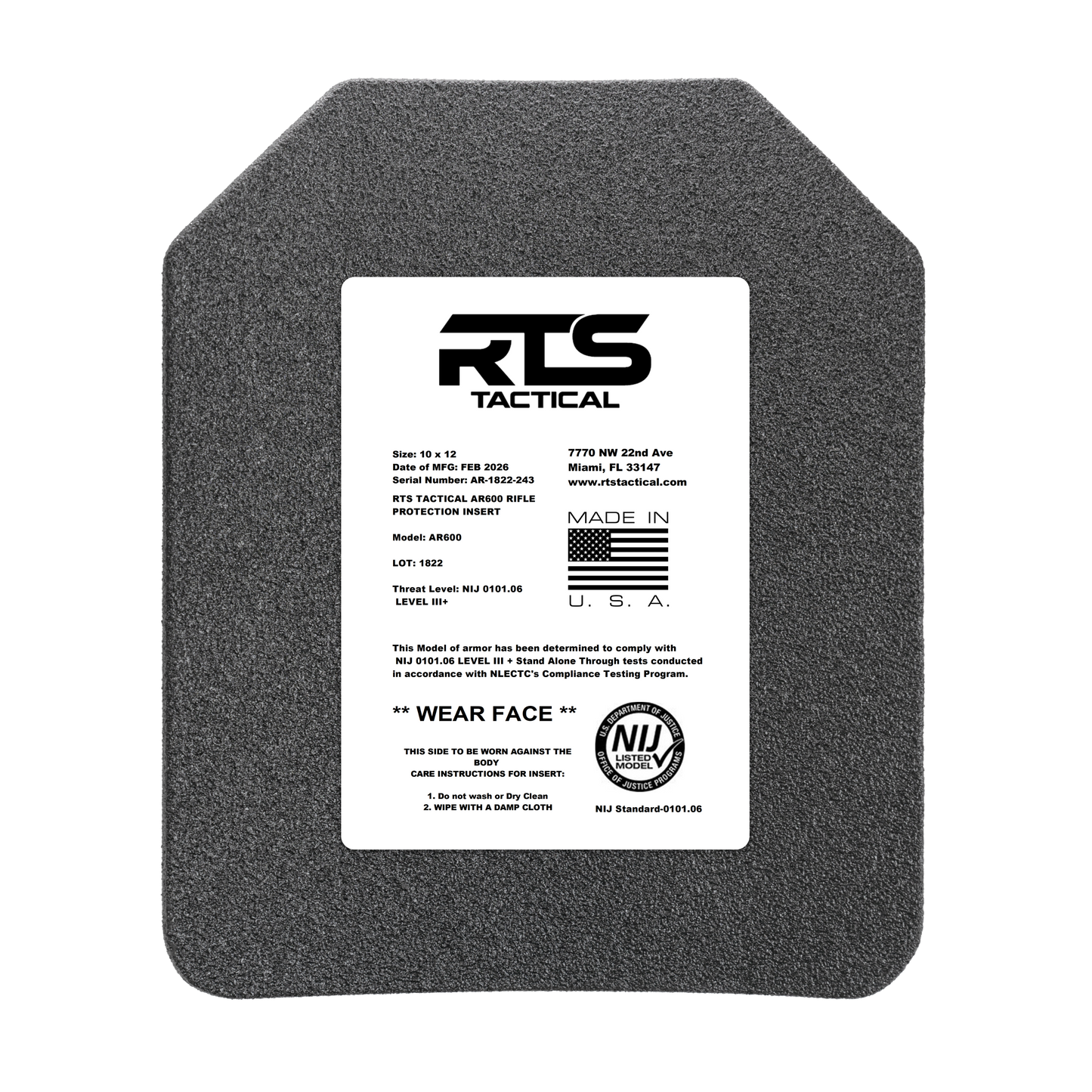 RTS Tactical AR600 NIJ 0101.06 Level III+ Special Threat Insert - 10X12