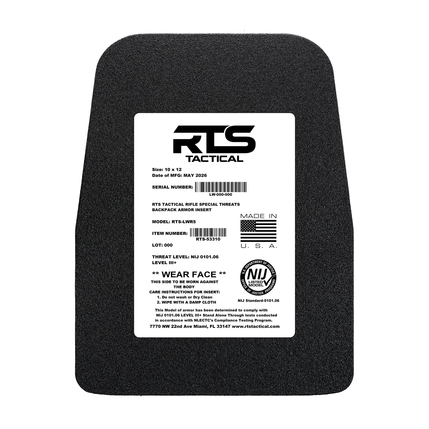 Black armored plate with curved edges. White label on front reads "RTS Tactical," details size, level III+ threat protection, and U.S. manufacturing.