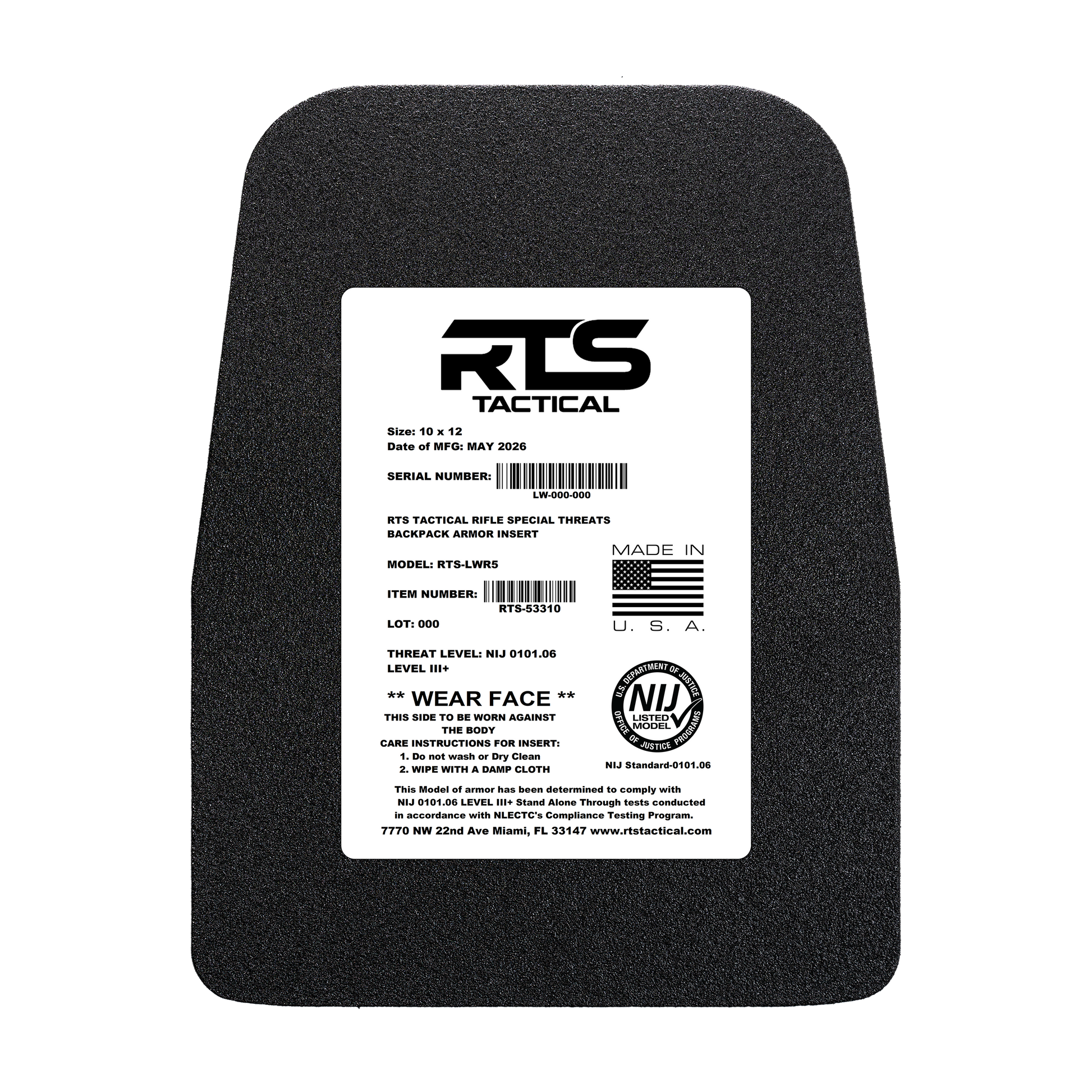 Black armored plate with curved edges. White label on front reads "RTS Tactical," details size, level III+ threat protection, and U.S. manufacturing.