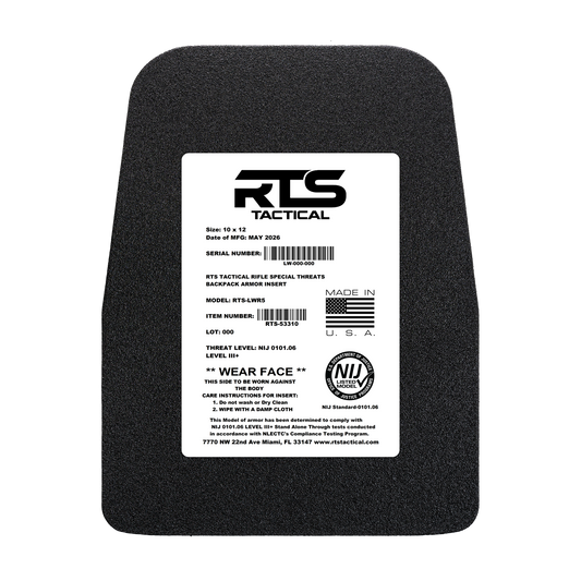 Black armored plate with curved edges. White label on front reads "RTS Tactical," details size, level III+ threat protection, and U.S. manufacturing.