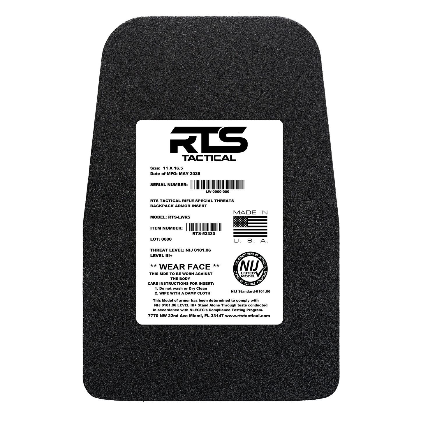 Black ballistic armor plate with a white label, featuring "RTS Tactical" branding, American flag icon, and NIJ rating.