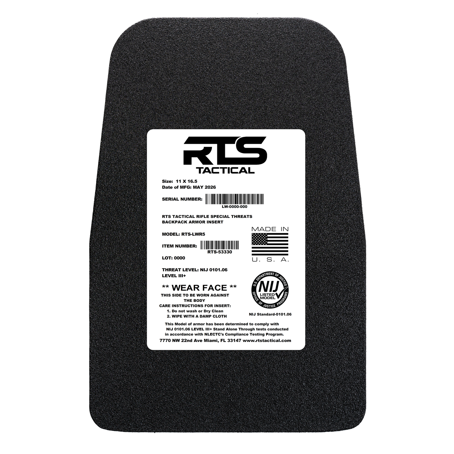 Black ballistic armor plate with a white label, featuring "RTS Tactical" branding, American flag icon, and NIJ rating.
