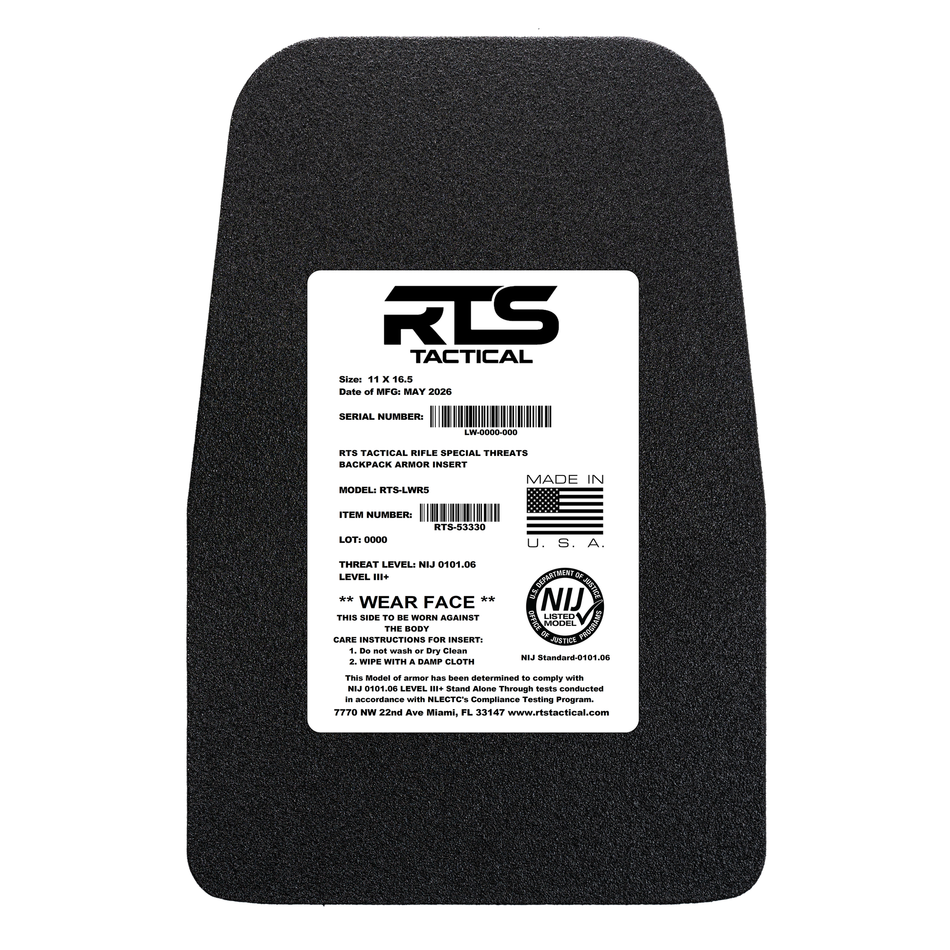 Black ballistic armor plate with a white label, featuring "RTS Tactical" branding, American flag icon, and NIJ rating.