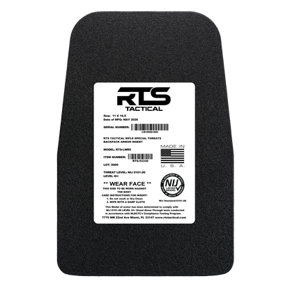 Black ballistic armor plate with a white label, featuring "RTS Tactical" branding, American flag icon, and NIJ rating.