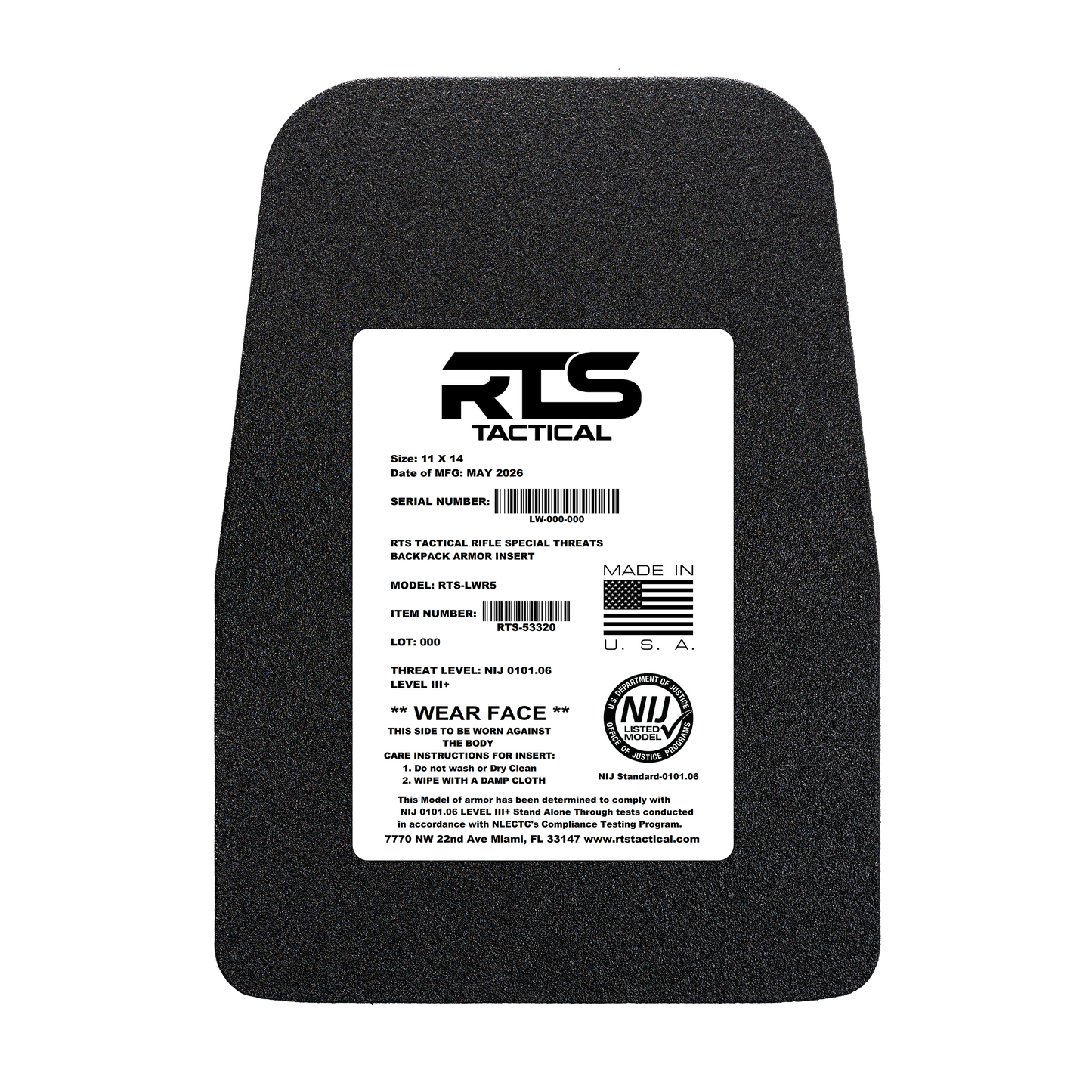 Black armor plate with a white label displaying "RTS Tactical." Text outlines specifications, compliance details, and instructions with a U.S. flag graphic.