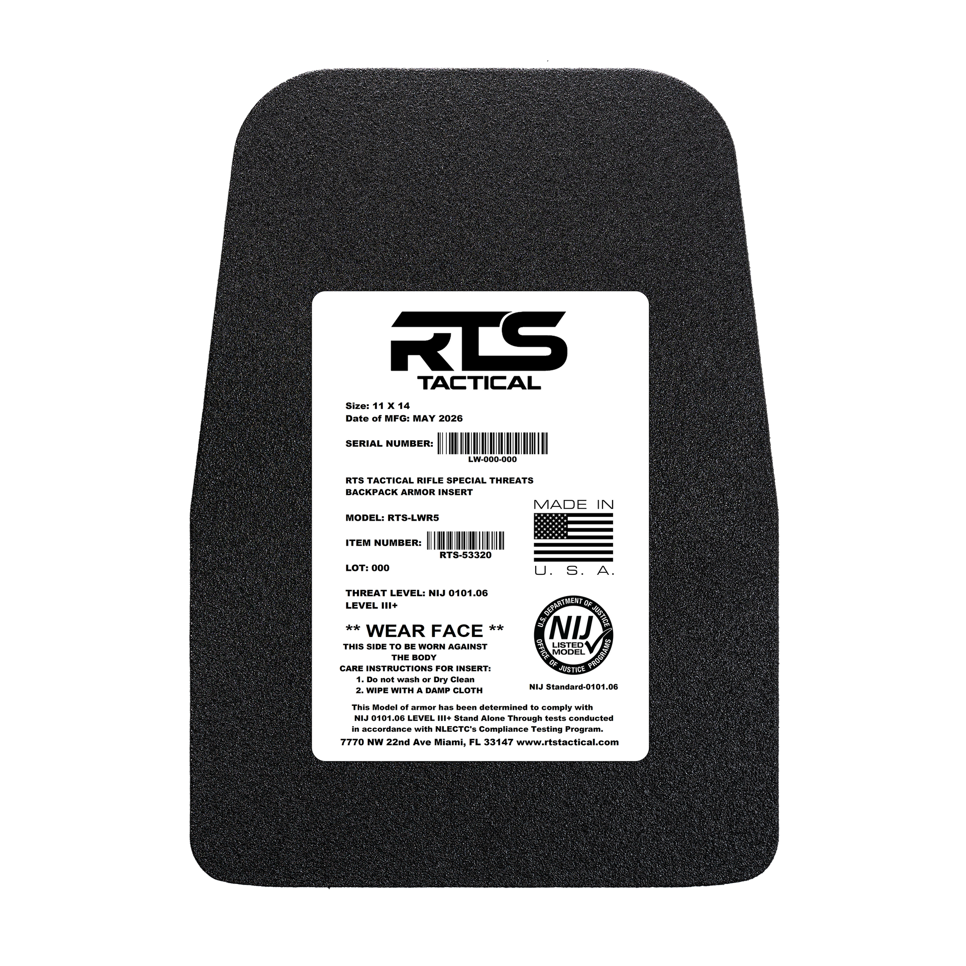 Black armor plate with a white label displaying "RTS Tactical." Text outlines specifications, compliance details, and instructions with a U.S. flag graphic.