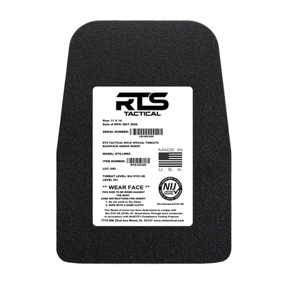 Black armor plate with a white label displaying "RTS Tactical." Text outlines specifications, compliance details, and instructions with a U.S. flag graphic.