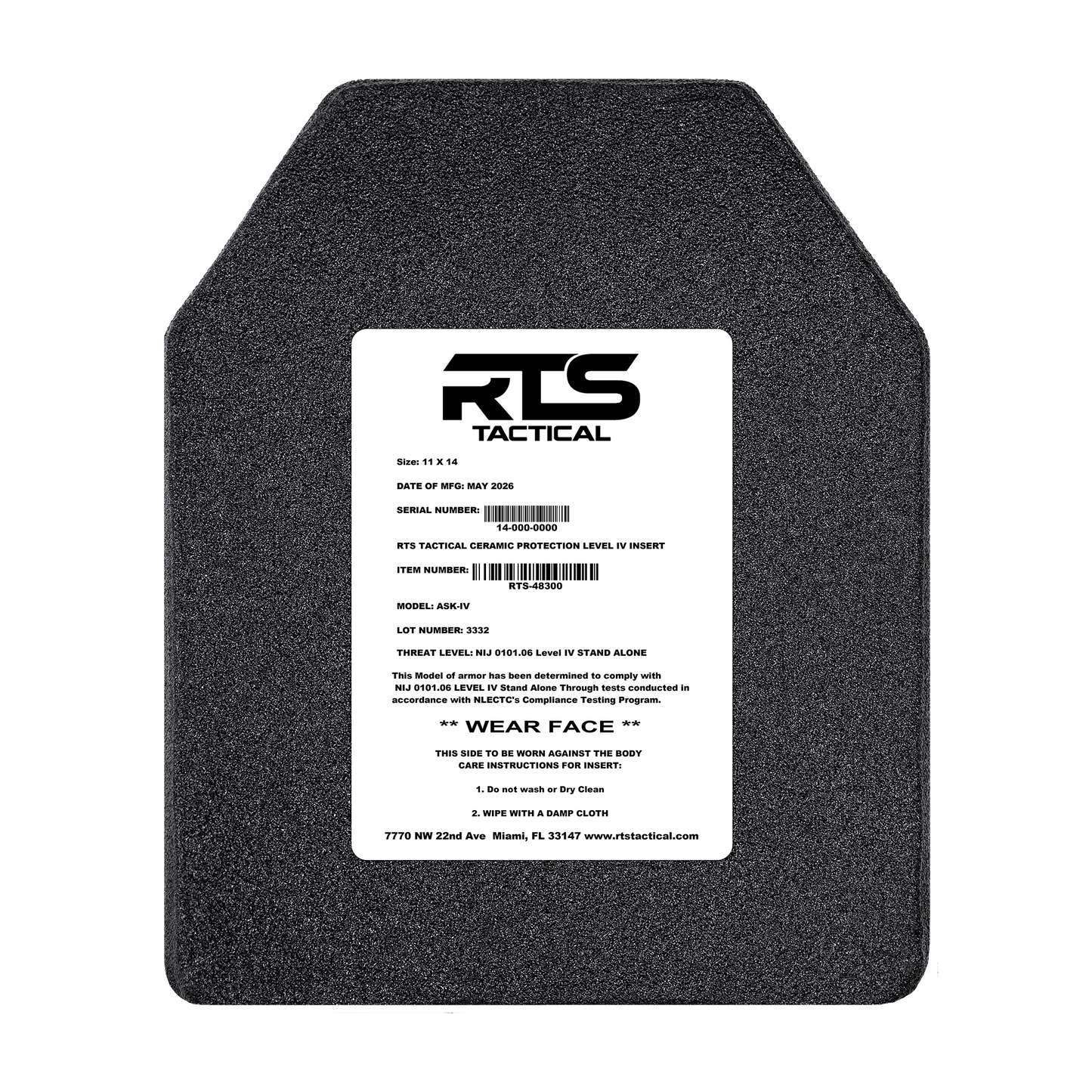 RTS Tactical Ceramic NIJ 0101.06 Level IV Rifle Protection Plate Insert - 11 X 14