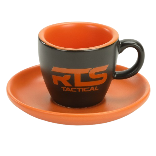 An orange and black espresso cup with the RTS Tactical logo.