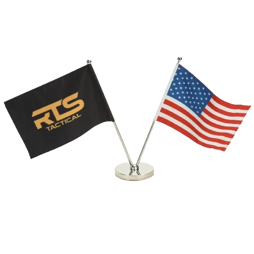 An RTS Tactical flag and American flag desk ornament.