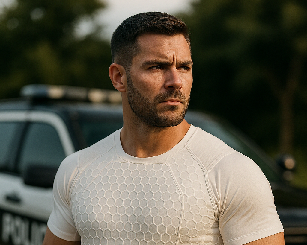 A man in a white ballistic compression shirt stands with a serious expression. A police car is parked behind him.