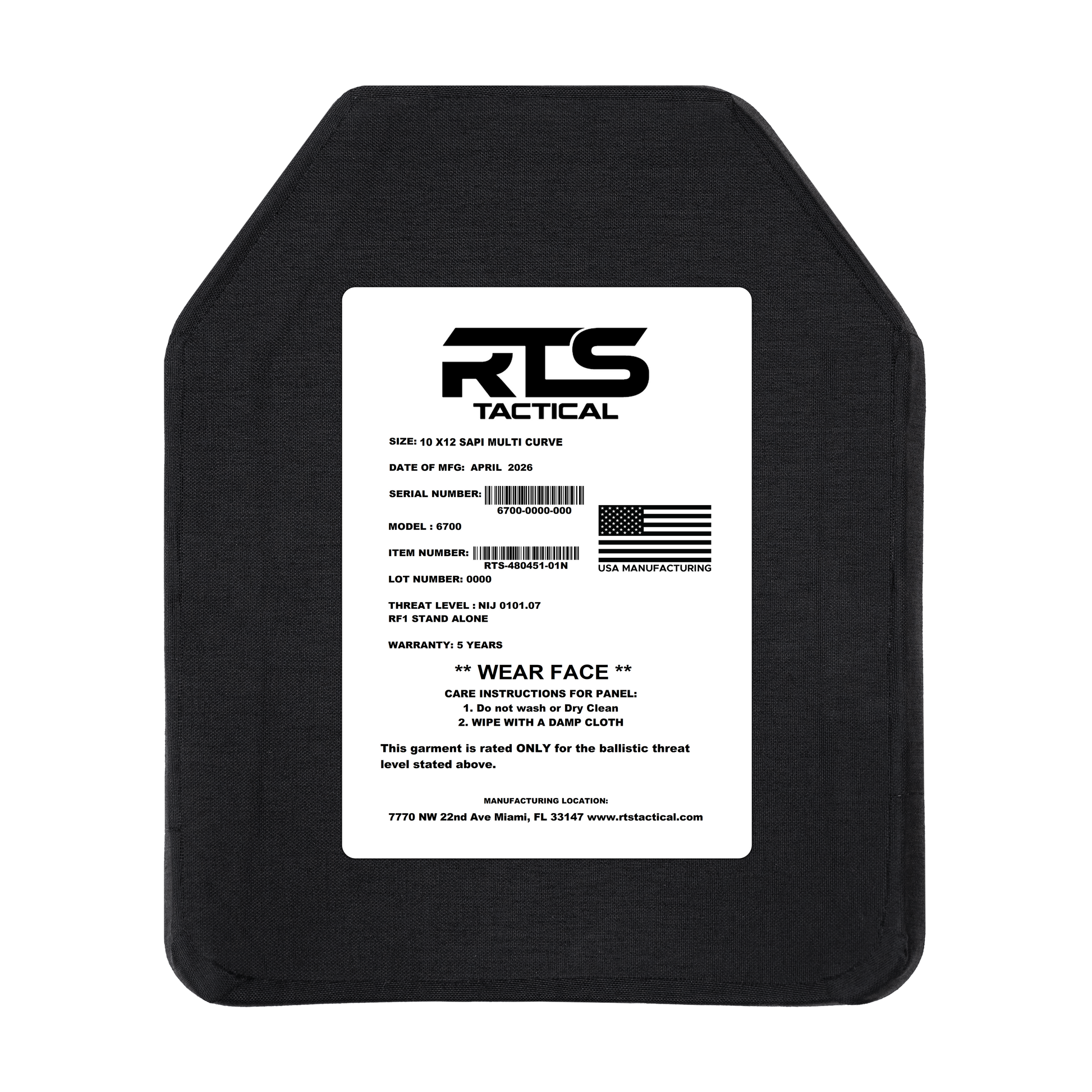 Black ballistic armor panel with a white label displaying size, model, serial number, and care instructions.