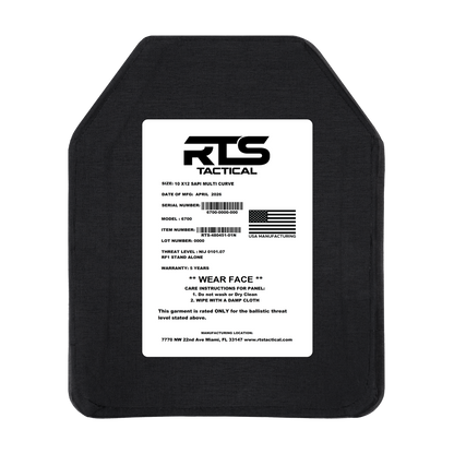 Black ballistic armor panel with a white label displaying size, model, serial number, and care instructions.