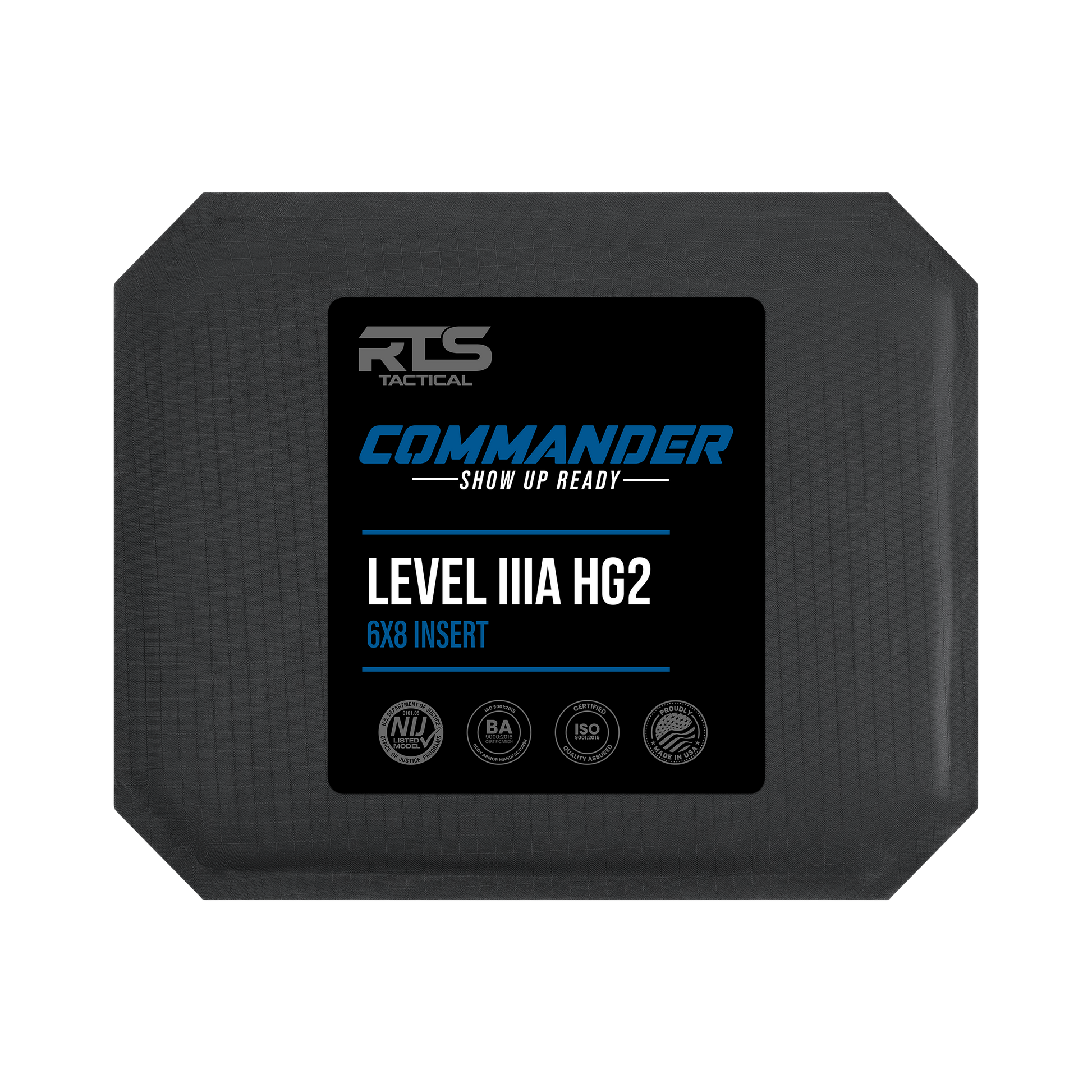 Black tactical armor plate with a textured surface, featuring a label reading "RTS Tactical Commander Level IIIA HG2 6x8 Insert."