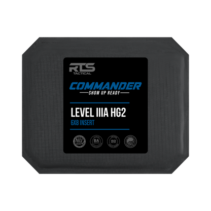 Black tactical armor plate with a textured surface, featuring a label reading "RTS Tactical Commander Level IIIA HG2 6x8 Insert."
