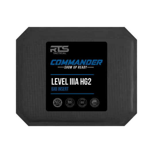 Black tactical armor plate with a textured surface, featuring a label reading "RTS Tactical Commander Level IIIA HG2 6x8 Insert."
