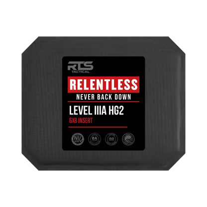 Black and gray ballistic armor plate with a label reading "Relentless, Never Back Down," indicating it's a "Level IIIA 6x8 insert."