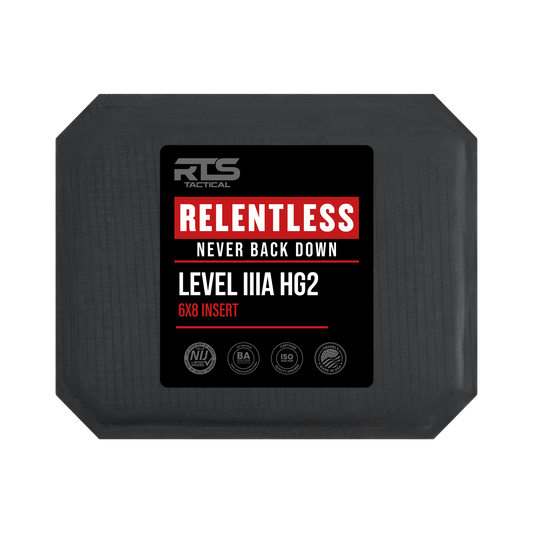 Black and gray ballistic armor plate with a label reading "Relentless, Never Back Down," indicating it's a "Level IIIA 6x8 insert."