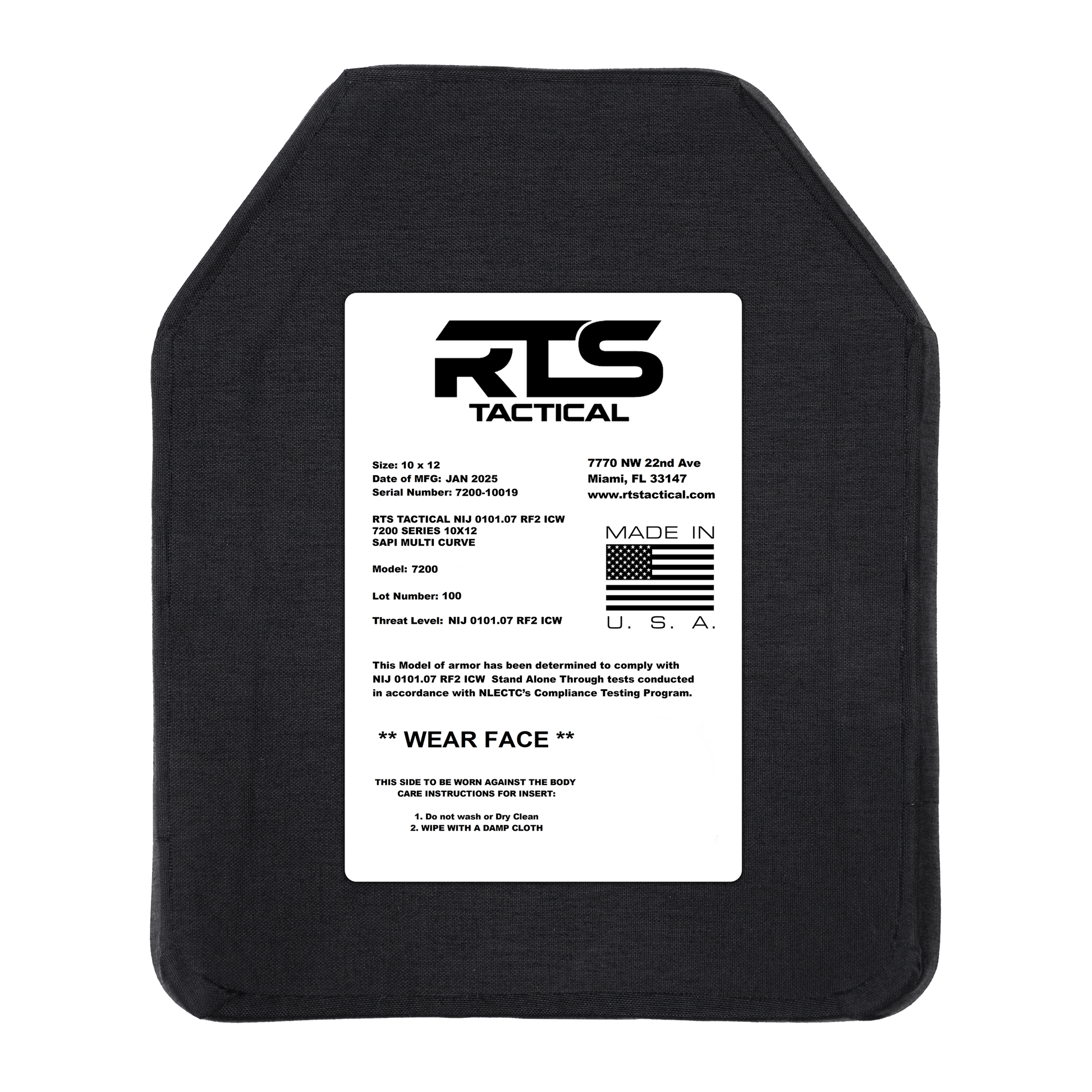 A black tactical armor plate with a white label detailing product specifications, including size, model, and care instructions. An American flag is featured with "Made in U.S.A." text.