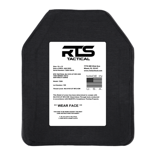 A black tactical armor plate with a white label detailing product specifications, including size, model, and care instructions. An American flag is featured with "Made in U.S.A." text.