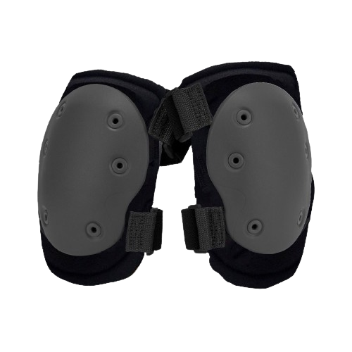Black knee pads with hard, gray protective shells and adjustable straps.