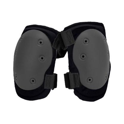 Black knee pads with hard, gray protective shells and adjustable straps.