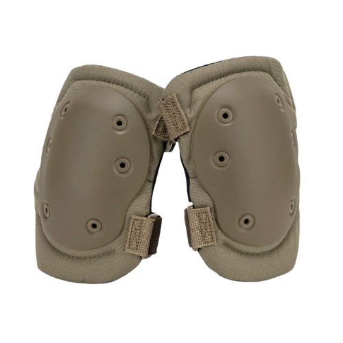 Tan knee pads with hard, gray protective shells and adjustable straps.