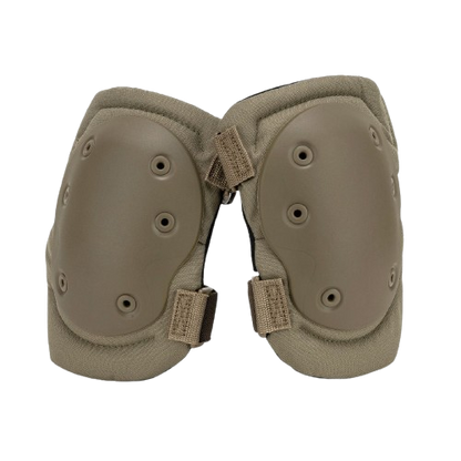 Tan knee pads with hard, gray protective shells and adjustable straps.