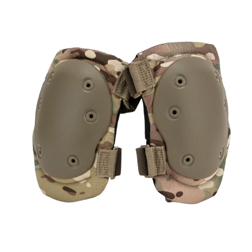 Camo knee pads with hard, gray protective shells and adjustable straps.