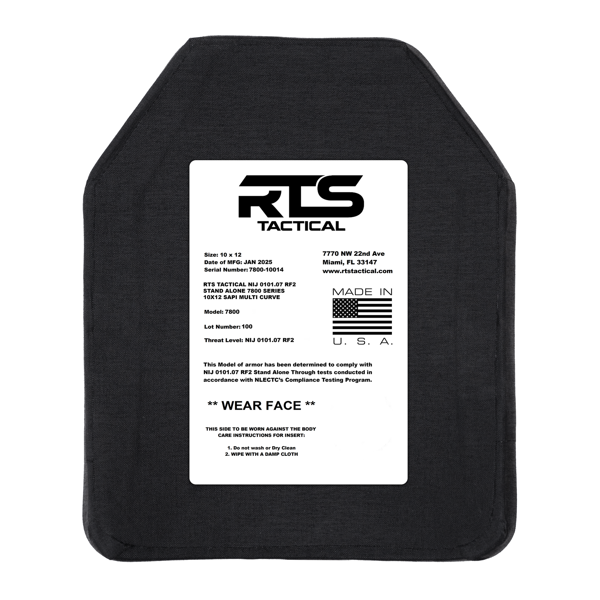 Black ballistic plate with white label. The label contains specifications, company logo, and further information.