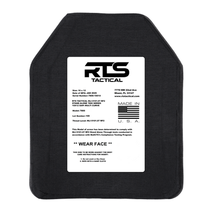 Black ballistic plate with white label. The label contains specifications, company logo, and further information.