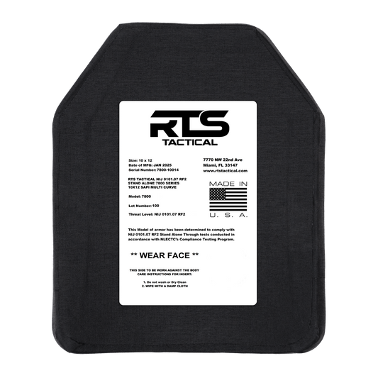 Black ballistic plate with white label. The label contains specifications, company logo, and further information.