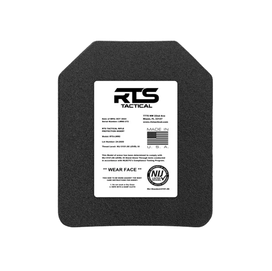 A tactical body armor plate with a white label on the front. The label includes product details, manufacturing standards, and origin