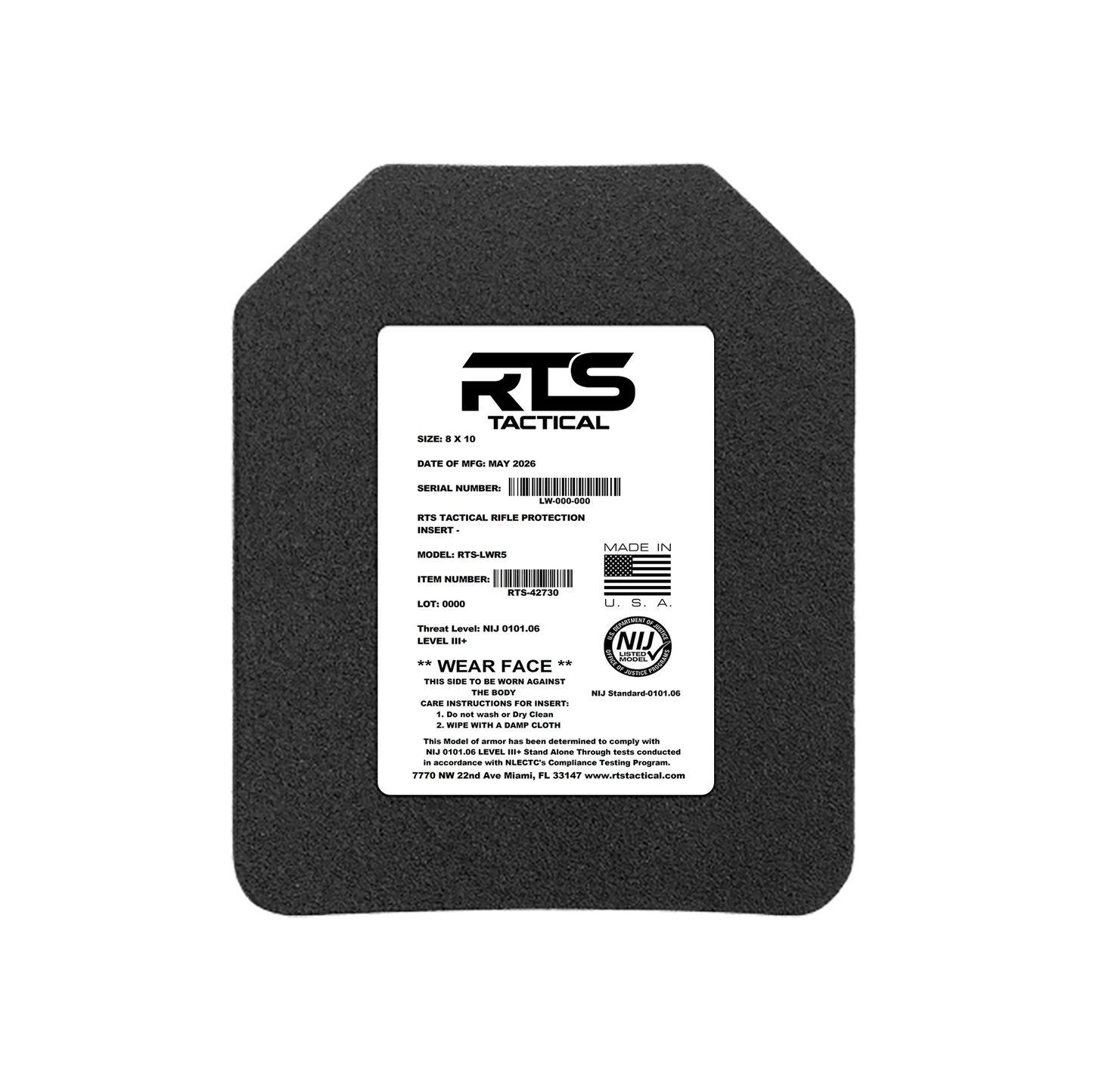 RTS Tactical LWR5 Rifle Special Threats NIJ 0101.06 Level III+ Insert - 8X10