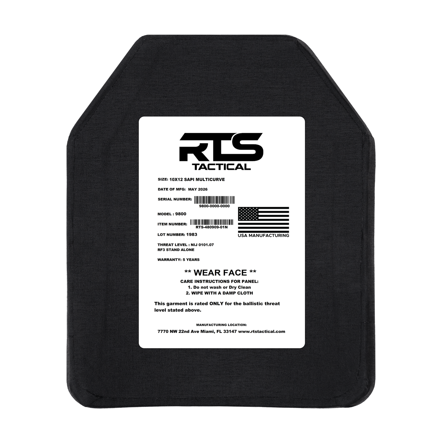 RTS Tactical NIJ 07 RF3 Stand Alone 9800 Series 10x12 SAPI Multi Curve