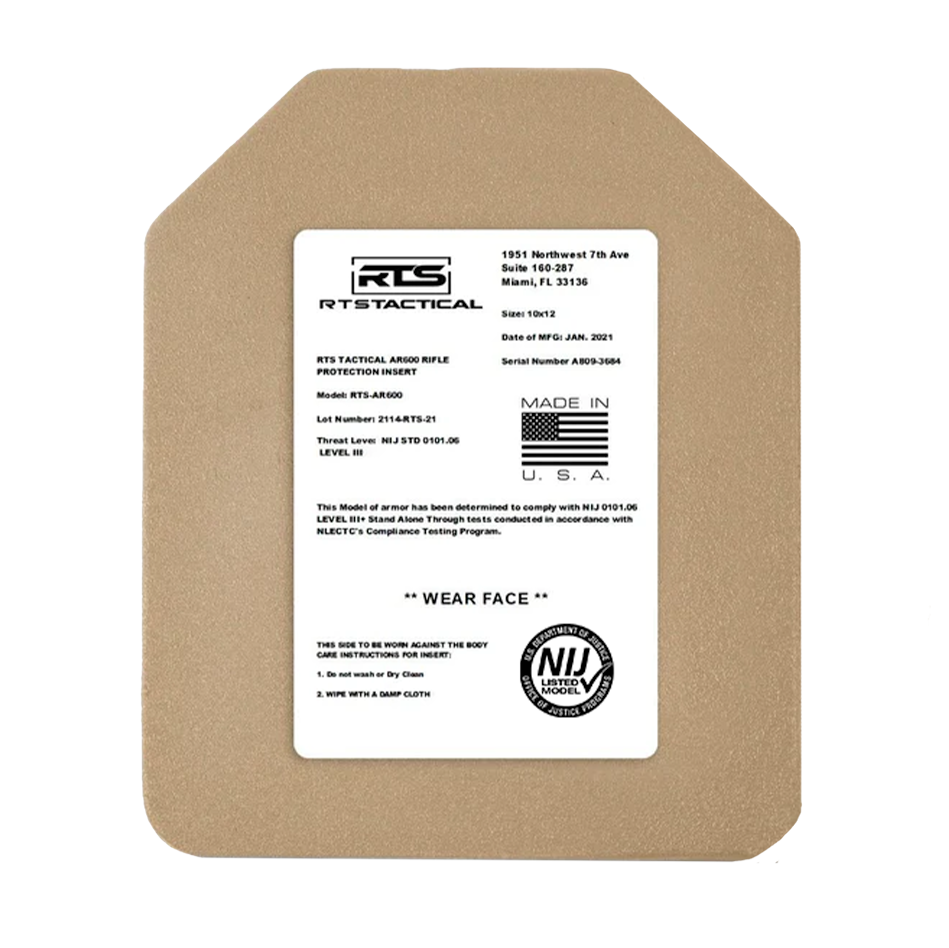 A tactical rifle protection insert with a beige finish features a detailed white label. The label includes the RTS Tactical logo, specifications, and usage instructions. The product is marked as made in the USA, with compliance and safety certification indicated.